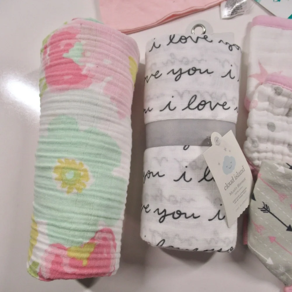 Baby Girl Muslin Blankets and Bandana Bib 6pc Lot